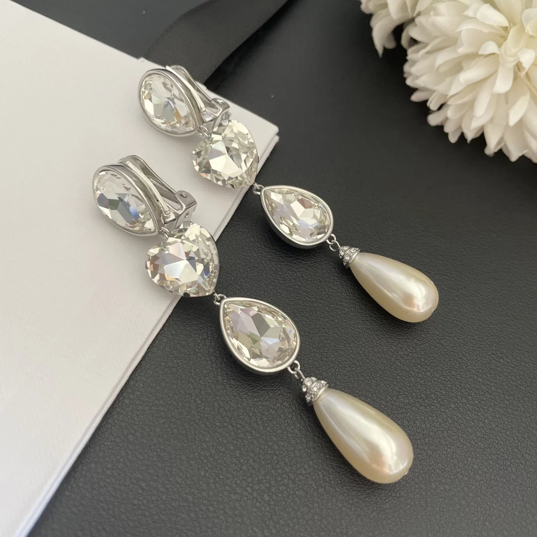 Fashion long pendant earrings crystal pearl heart-shaped earrings clip womens jewelry trend 241205