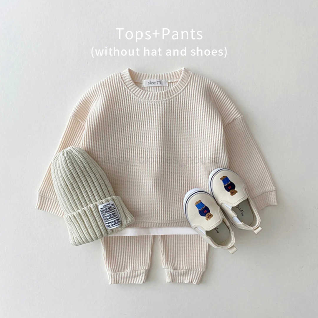 2023 Korean Baby Cotton Kintting Clothing Sets Mock Two-piece Waffle Cotton Kids Boys Girls Clothes Sets Tracksuit Tops+PantsXJ241205