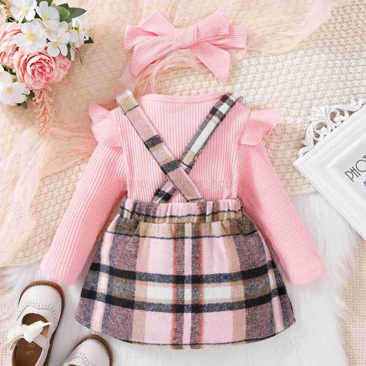 New Spring and Autumn Cute Girl Pink Long sleeved Top Casual Sling Dress Infant and Child Clothing SetXJ241205