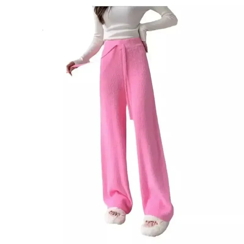 Pink mink velvet wide leg pants for womens autumn and winter loose dress casual knitted thick pants 241205