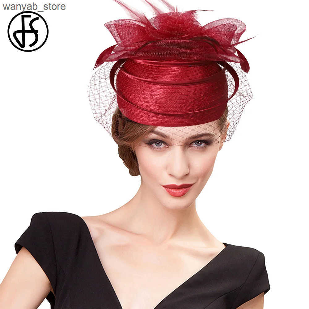 Cloches FS 2024 Wedding Church Red Hat Womens Feather Veil Cocktail Party Headwear Elegant Womens Kentucky Derby Hat L240910