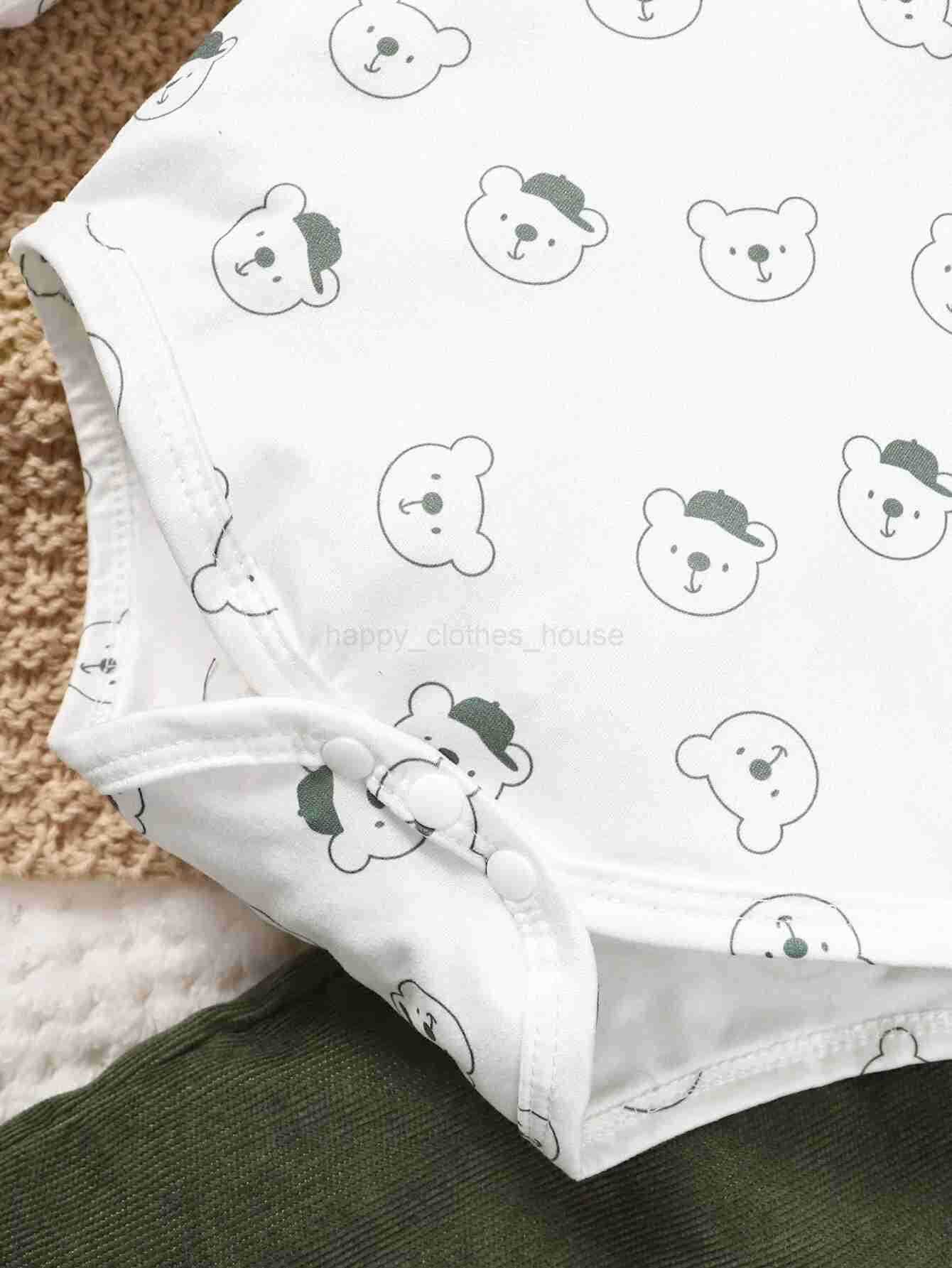 3-24 Months Baby Boy Cute Little Bear Printed Clothing Set White Long Sleeved Top+Green Strap Pants Autumn Set for Toddler GirlXJ241205