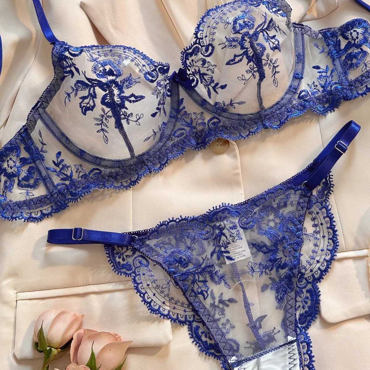 Sexy Lingerie Women Embroidered s Transparent Underwear Blue Fairy Brief Delicate Bra Push Up Breves Erotic Sets Thin BrasXJ241205