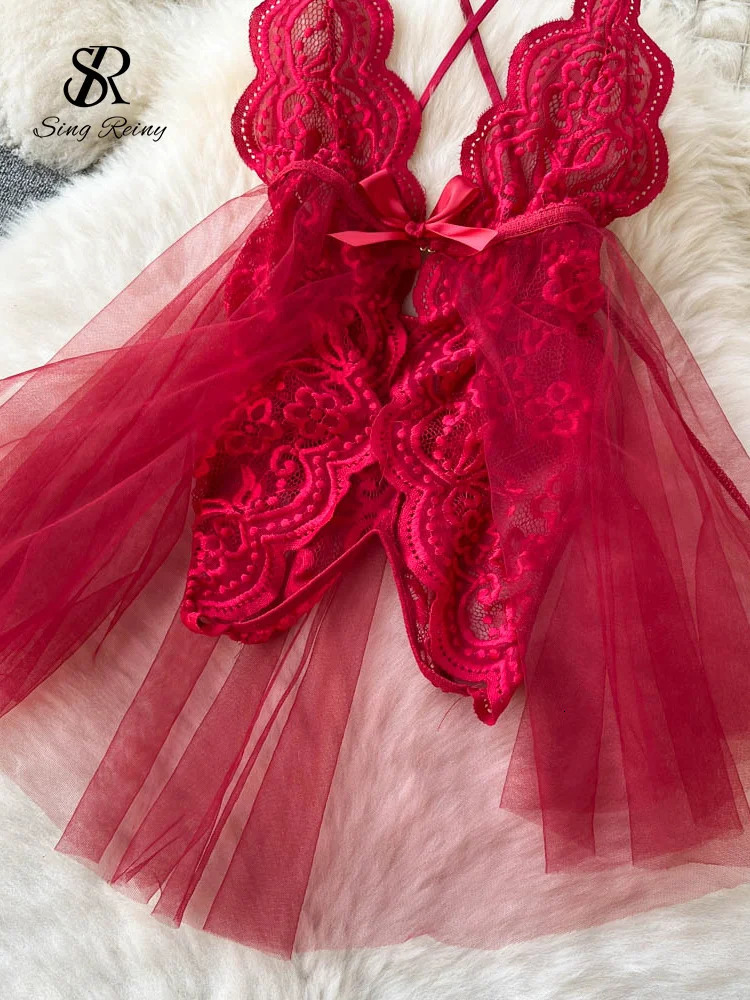 SINGREINY Sensual Shapewear Lace Lingerie Nightwear Women V-Neck Open crotch Slim Pajamas Summer Sheer Mesh Short Night Dress 241205