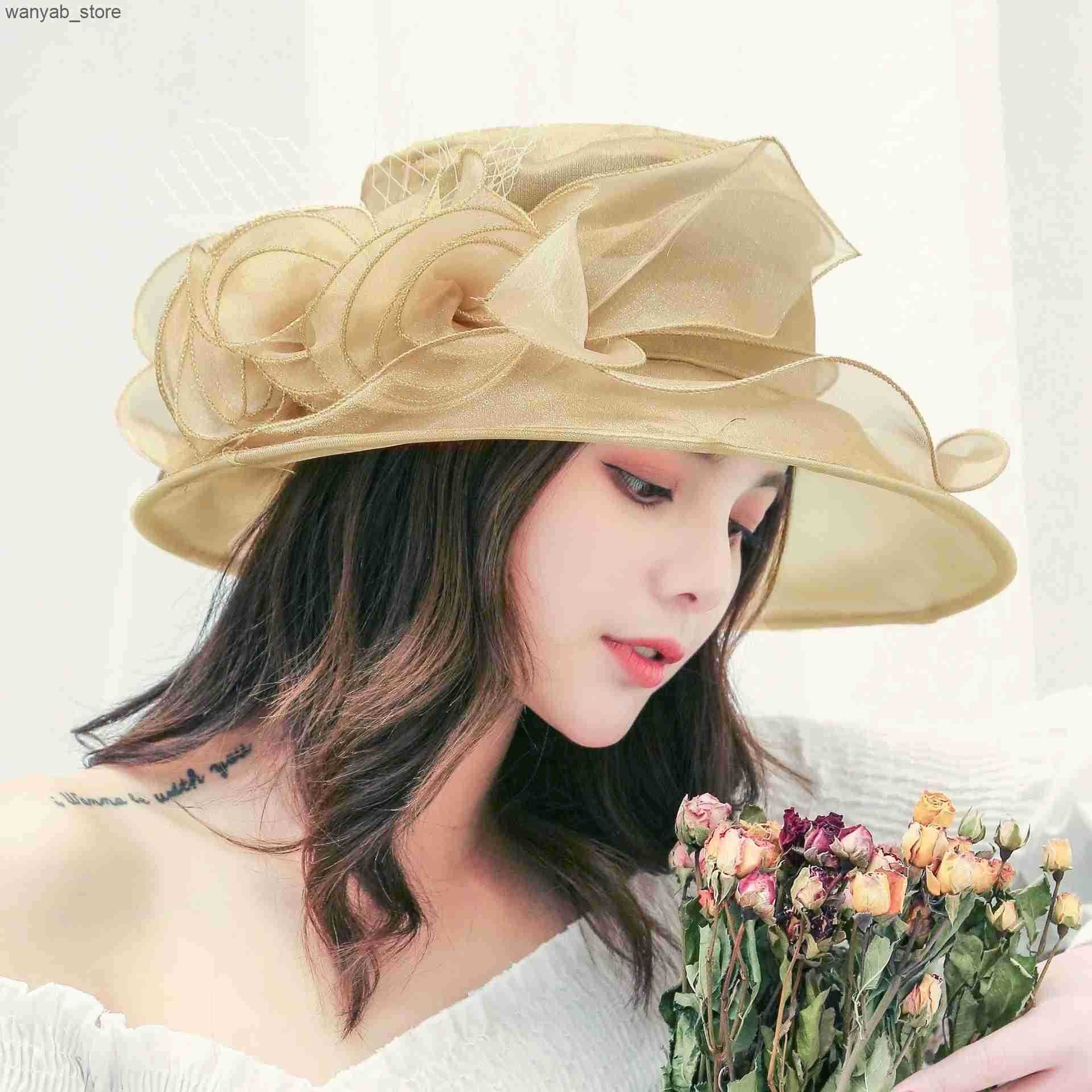 Cloches 1 Elegant Flower Womens Hat Summer Organic Wide Brim Sunscreen Kentuckide Hat Womens Church Wedding Beach Sun Hat L240910