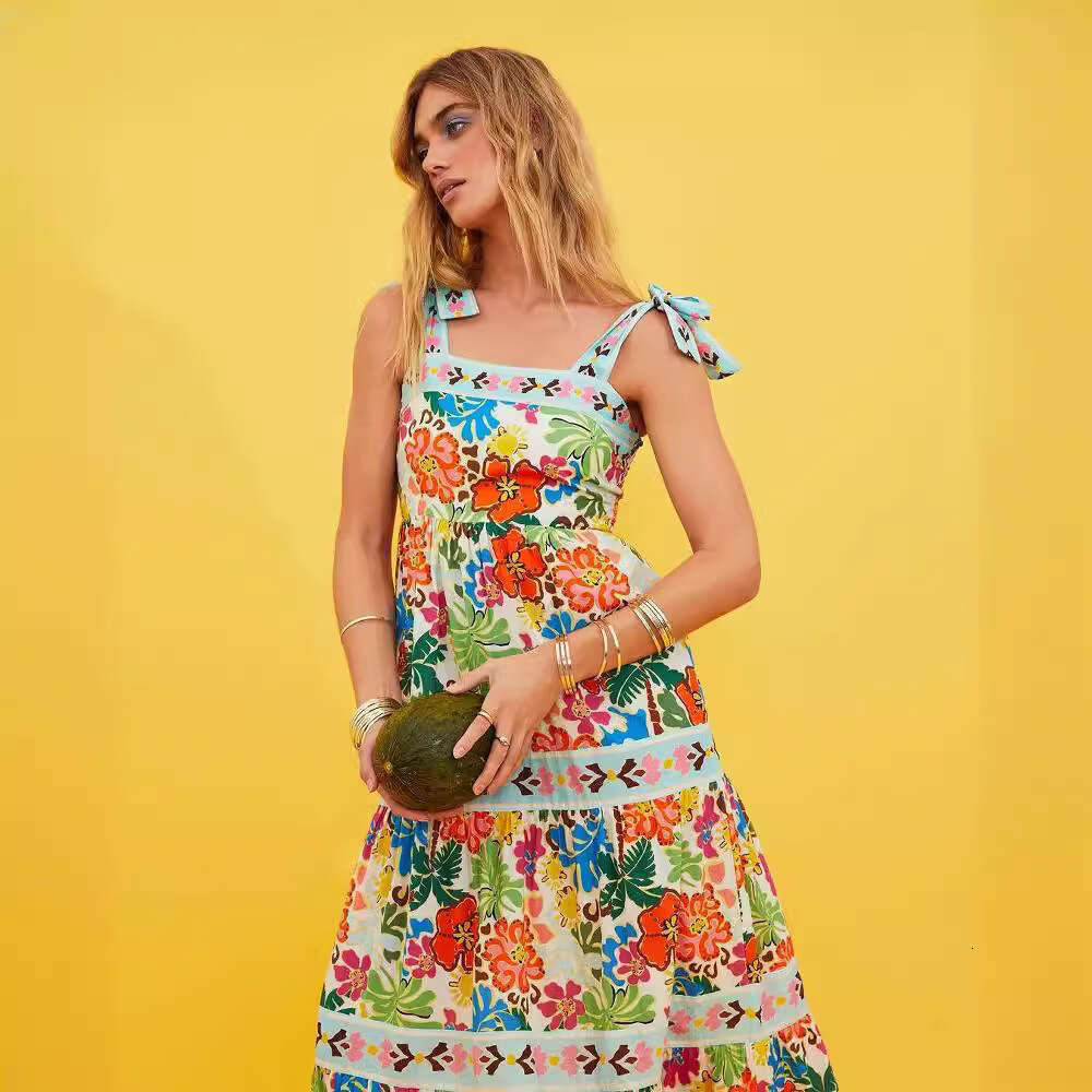 Summer European and American Sleeveless, Collarless, High Waist Plant Printed Women's Large Swing Strap Dress 2024 New Casual Fashion Trendy Clot