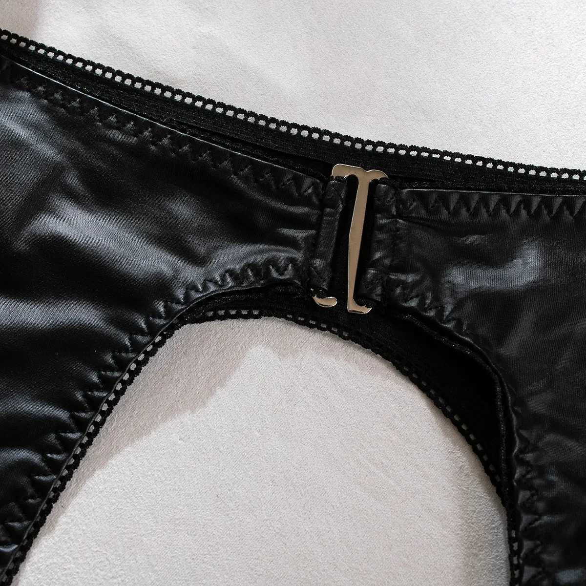 Sexy Hollow Out Leather Lingerie Set Womens Solid Simple Three Piece Underwear Set Female Sujetadores Transparente Para MujeresXJ241205