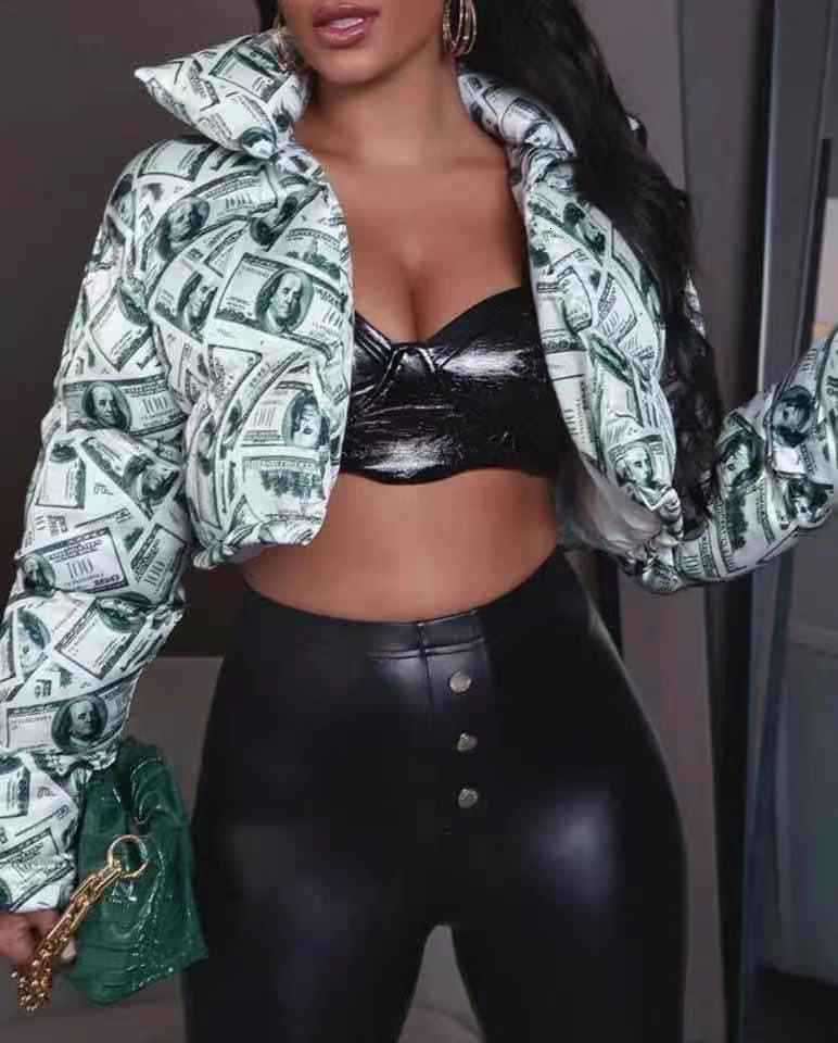 European and American women's 2021 printed long sleeved loose bread cotton coat jacket, 2024 new casual versatile fashion clothing