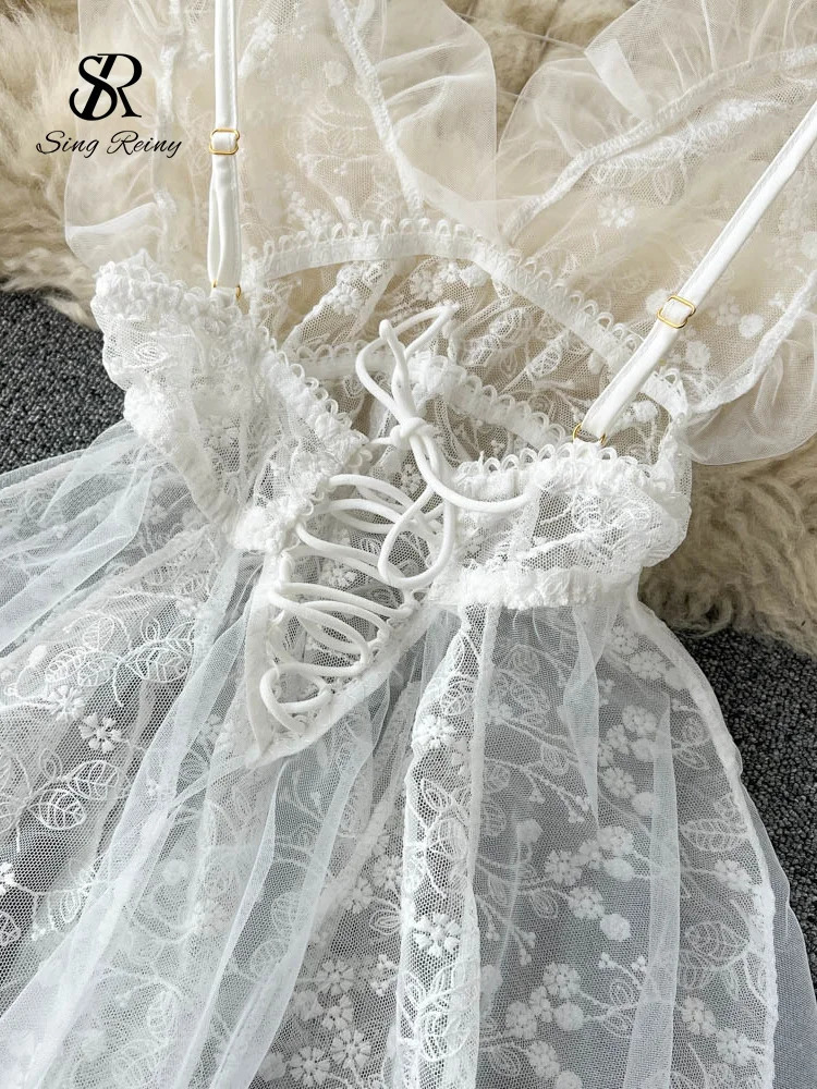 SINGREINY Summer Lace Ruffles Sheer Nightwear Women Sexy Embroidery Camis Slim Pajamas Backless Erotic Sensual Night Dress 241205