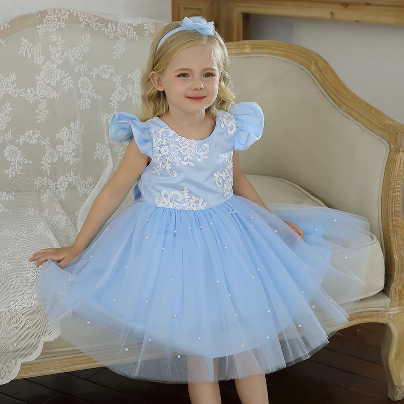 Cute Baby Dress Embroidery Lace Flower Princess Gown For 1st Birthday Party born Babi Blue Bead Prom Tulle Clothes R250424