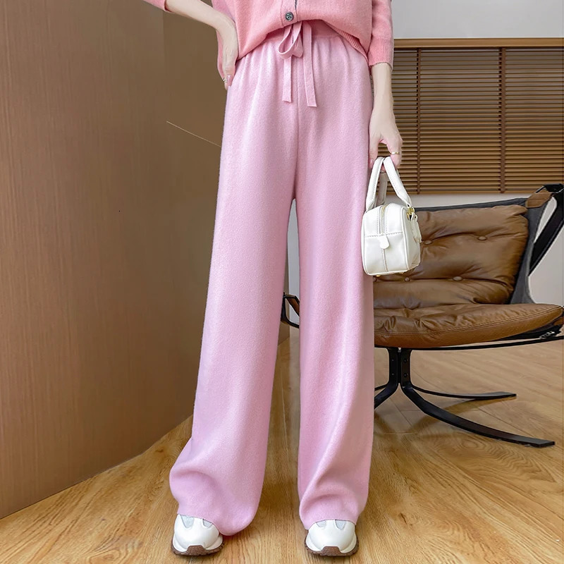 Womens straight leg wool pants with elastic waistband solid color Snd loose casual pants 100% Merino wool pure cotton knitted pants 241202
