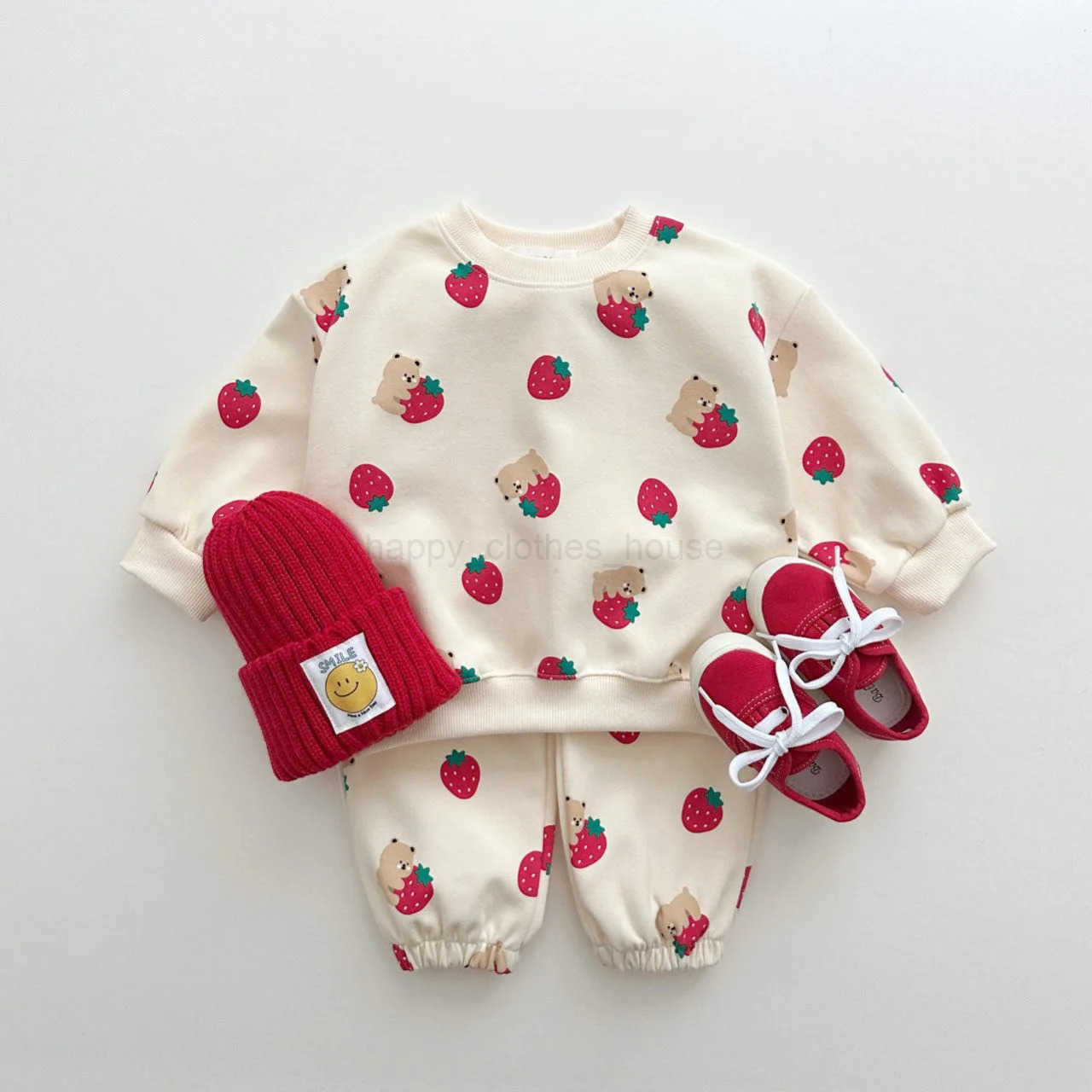Spring Autumn Cute Set Baby Girls Fashion Strberries Pullover Tops + Cotton Sweatpants Boys 2pcs Suit High Quali TracksuitXJ241205