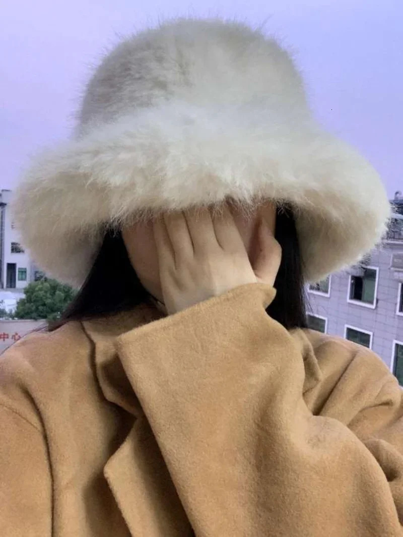 Korean style Kawaii white fluffy winter hat Harajuku womens clothing Emo aesthetic warm winter bucket hat Y2k accessories Kpop 241205