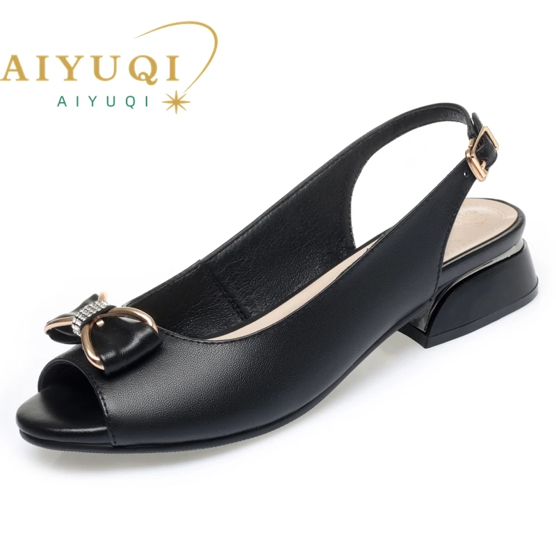 AIYUQI Women Sandals Genuine Leather Summer Open Toe Fashion Bow Women's Sandals Fish Beak Large Size Sandals Ladies