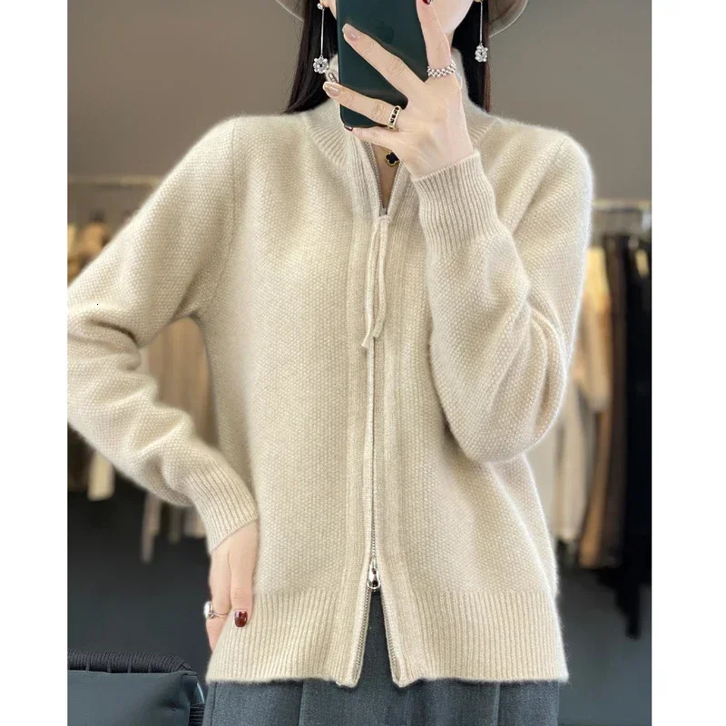 Womens 100% Merino Wool Knitting Sweater Turndown Collar Cardigan AutumnWinter Thick Tops Cashmere Double Zipper Soft Jacket 241204