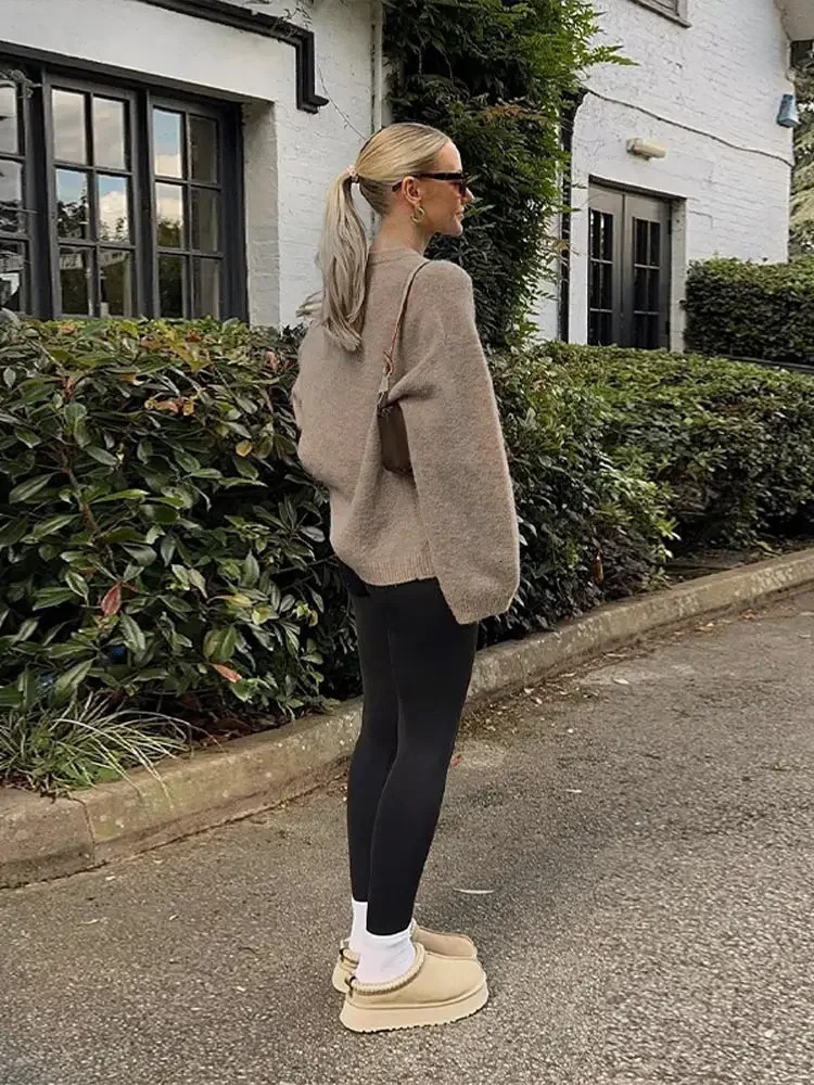 Brown Casual Round Neck Knitted Pullover Women Fashion Long Sleeve Loose Short Sweater 2024 Autumn Lady Street Knit Tops 241204