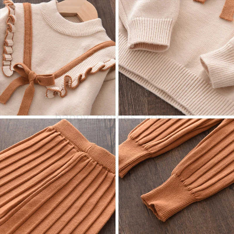Bear Leader Baby Girls Autumn Winter Fashion Bow Knitted Thick Clothes Sets Kids Long Sleeve Sweater Pants Set Baby Girl OutfitXJ241205