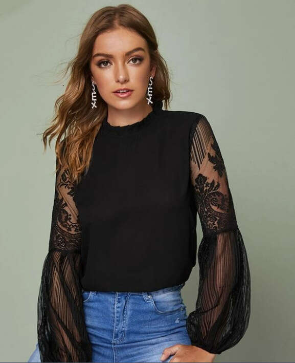 2020 European and American pleated collar see through sheer lace lantern sleeves women's top 2024 temperament versatile new trend clothing ins