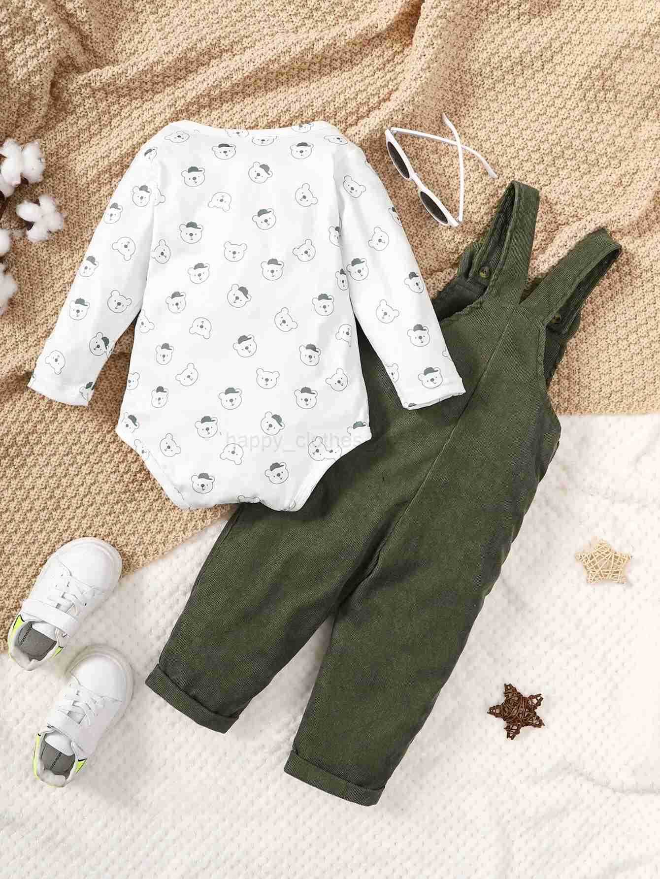 3-24 Months Baby Boy Cute Little Bear Printed Clothing Set White Long Sleeved Top+Green Strap Pants Autumn Set for Toddler GirlXJ241205