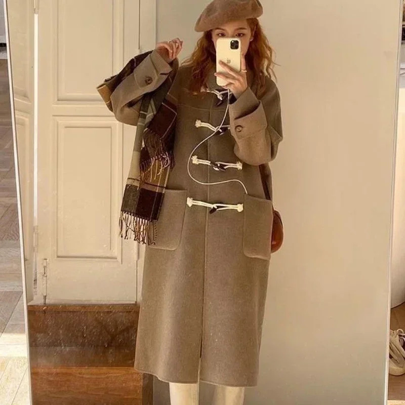 College Style Japanese Lovely Woolen Coat Medium Length Ox Horn Buckle Student Coat Camel Winter Coat Autumn Winter 241204