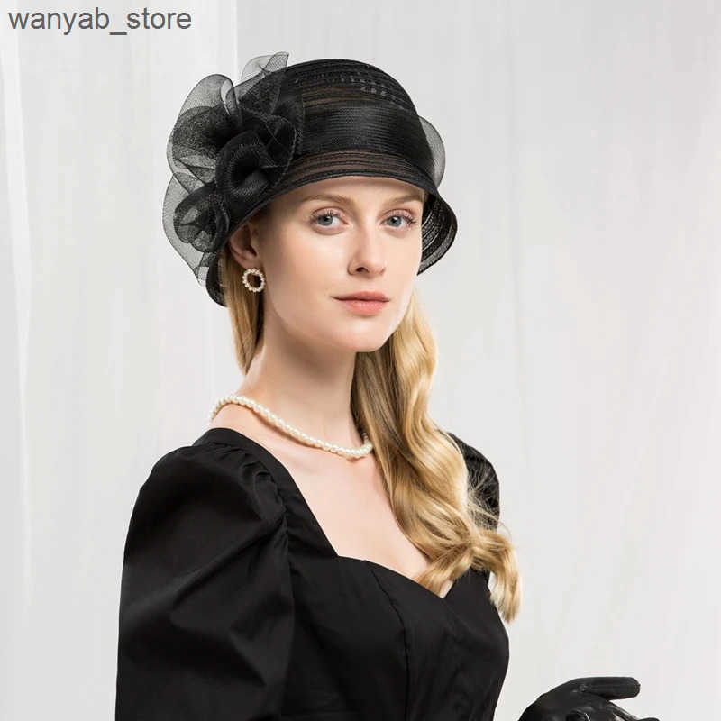 Cloches Womens Fedora Retro Black Hat with Handmade Bow Womens Cloche Bowler Church Hat L240910