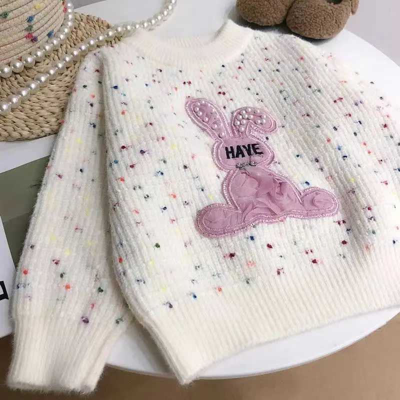2024 Girls Latest Pink Rabbit Childrens Fashion Cute Sweater Bead Rabbit Girl Sweater Girl Knitwear W241205