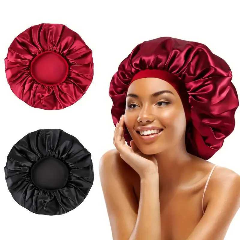 New Women Oversized Silky Hair Soft Elegant Bonnet Solid Color Satin Bonnet Sleeping Night C Elastic Shower Bath HatsXJ241205