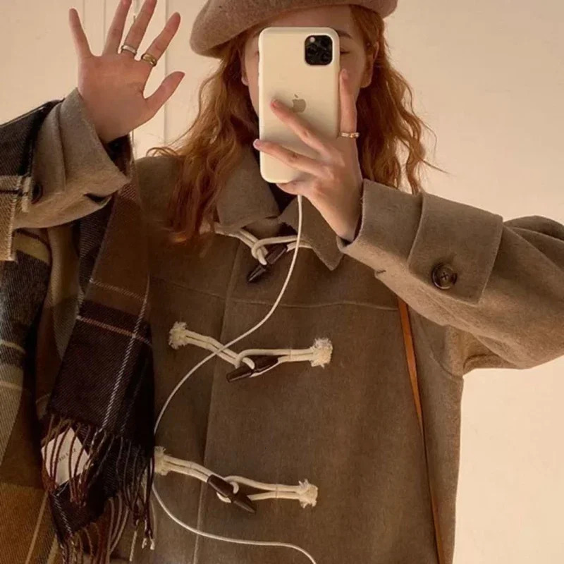 College Style Japanese Lovely Woolen Coat Medium Length Ox Horn Buckle Student Coat Camel Winter Coat Autumn Winter 241204