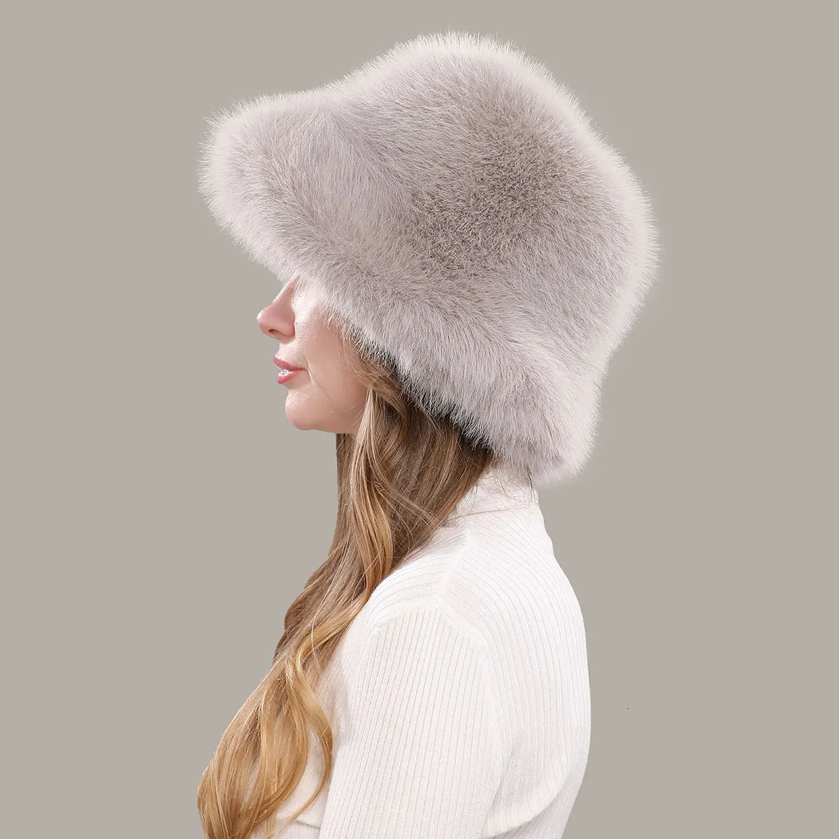 womens fluffy faux fur bucket hat fox fur warm womens winter hat thickened cold snow Panama hat 241205