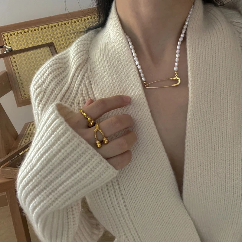 Brass 18k Real Pearl Safety Pin Necklace Runway T Show Party Dress Top Ins Japanese Korean Fashion 241205