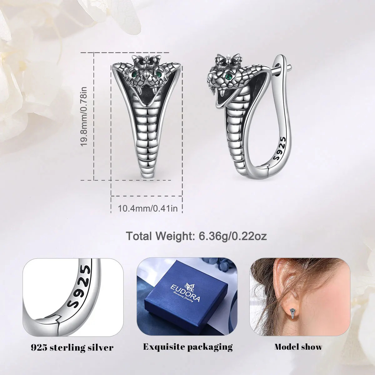 Eudora Real 925 sterling silver snake round earrings with round hoops and retro textured snake earrings suitable for women and men. Exquisite jewelry 