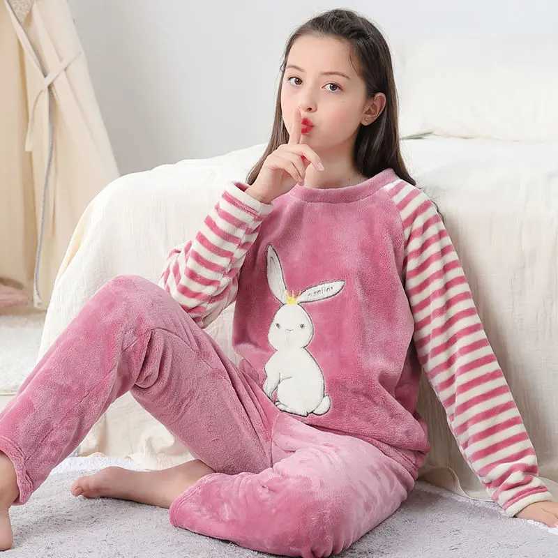 Pajamas Winter Childrens Pajamas Kids Plush Thick Pajama Set Sleepwear Nightwear Boy Girl Pyjamas Warm Rabbit Pijamas for 6 10 14 Years H241205