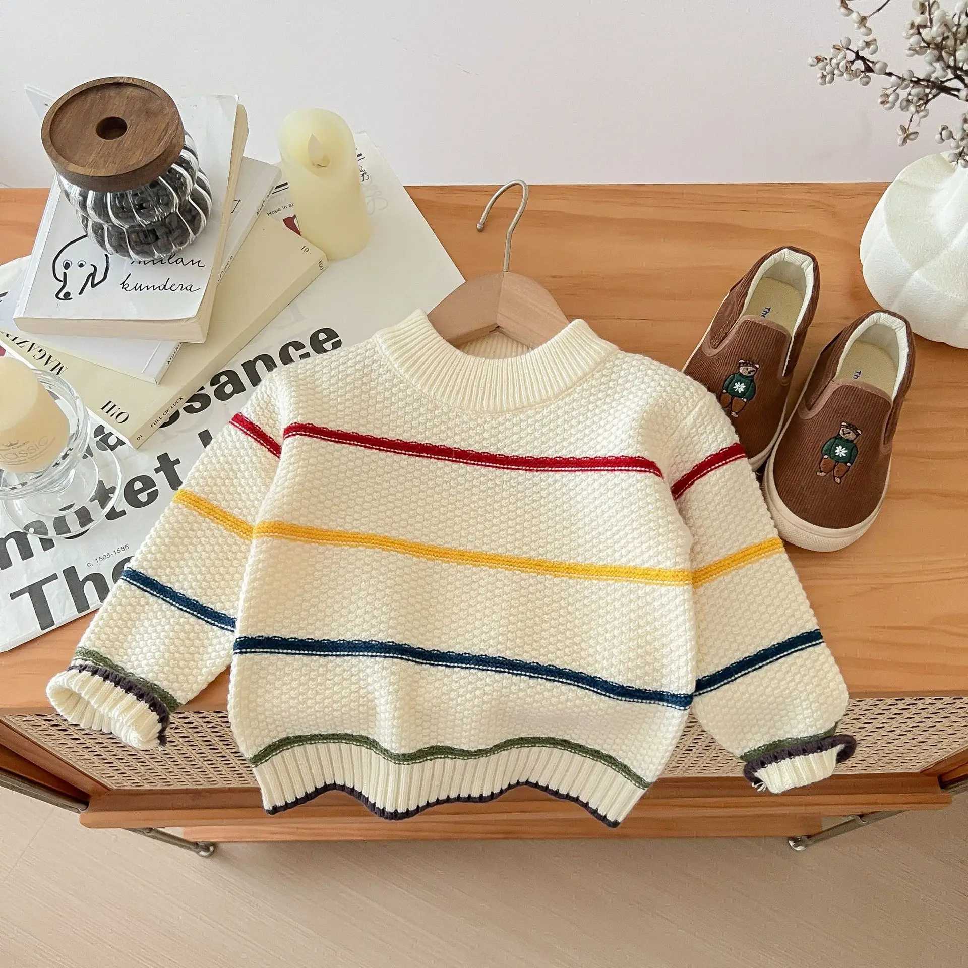 2024 Spring/Autumn Baby Boys Sweater Cotton Striped Long Sleeve Little Boys Pullover Round Neck Knitted Childrens Top W241205