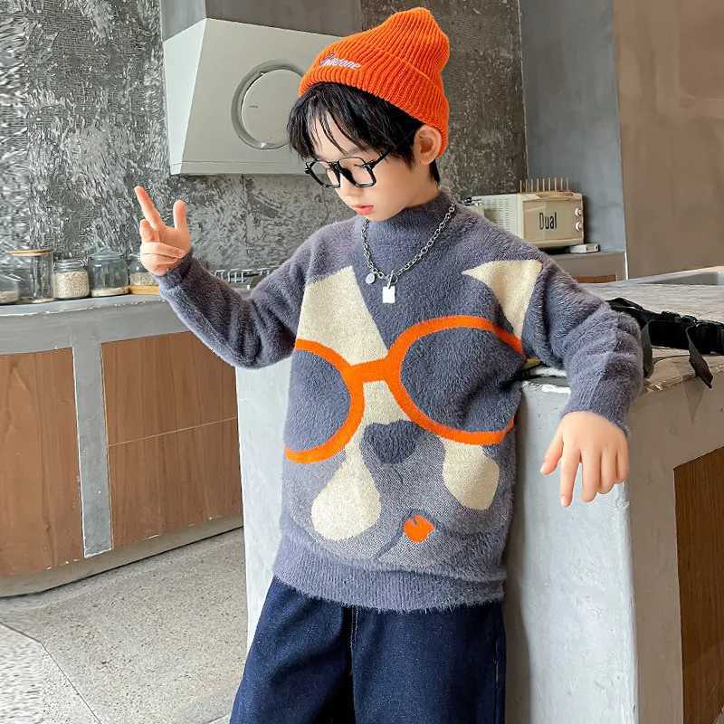 Childrens sweaters boys winter clothing mink wool dog patterns zippers teenagers O-neck sweaters for ages 5-14 W241205