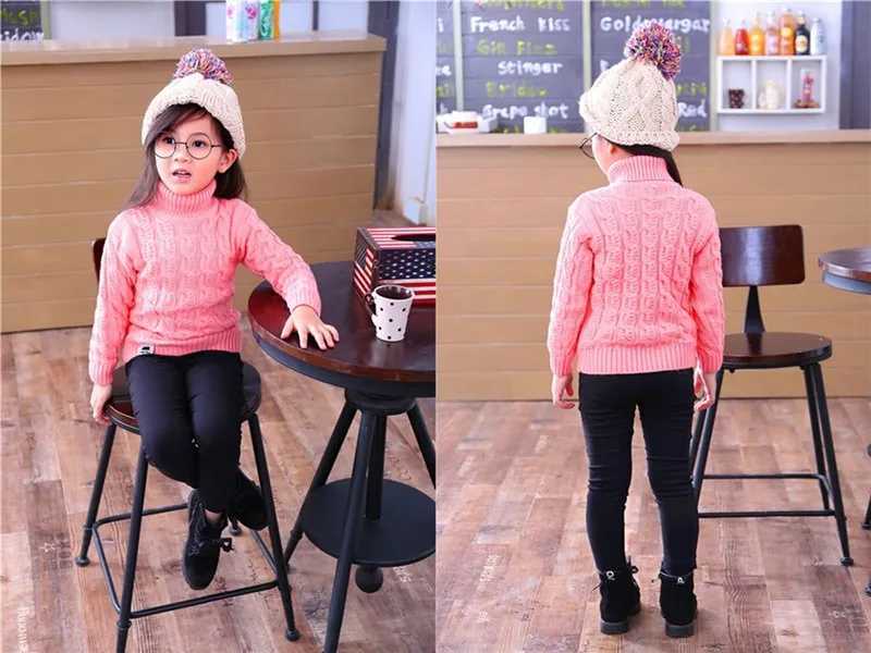 PHILOLOGY Plush lined Solid Color Winter Boys and Girls Childrens Thick Knitted Cow Neck Shirt Solid Color High Collar Plush Long Sleeve Sweater W2412