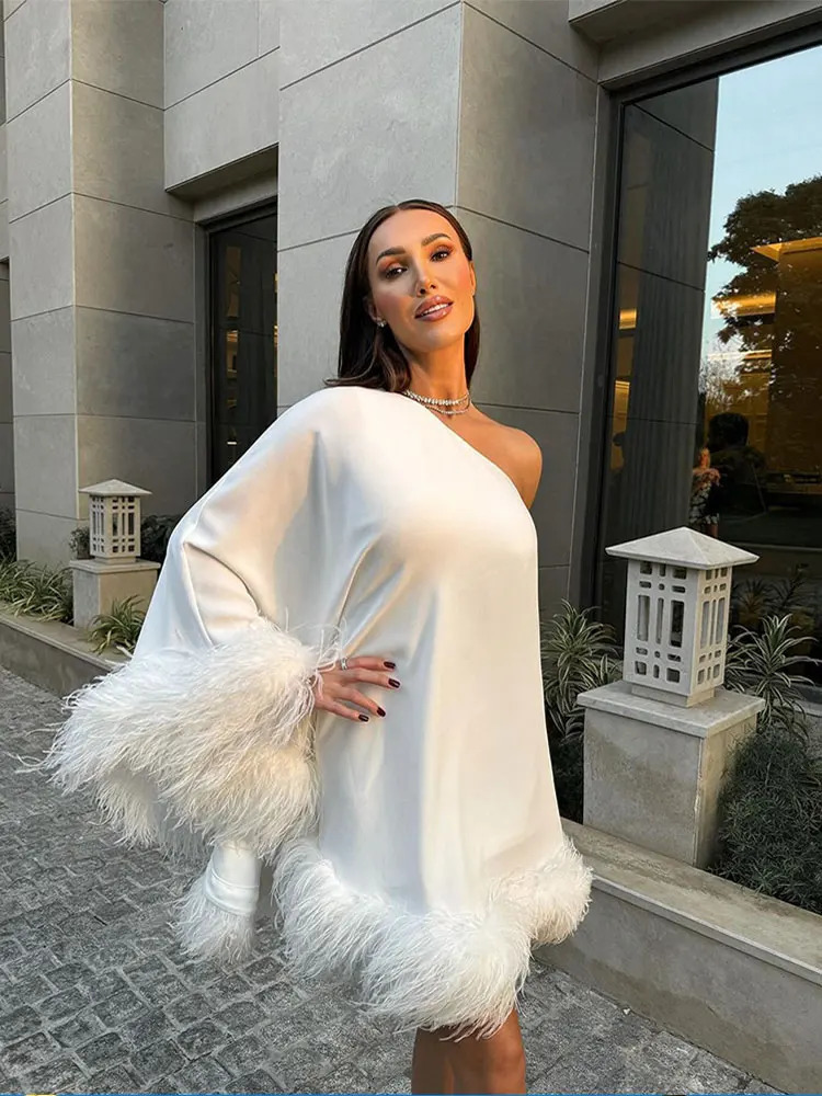Solid Color Feather Off Shoulder Womens Dress Casual Backless Single Shoulder Sleeve Mini Dresses Chic Party Vestidos 241205