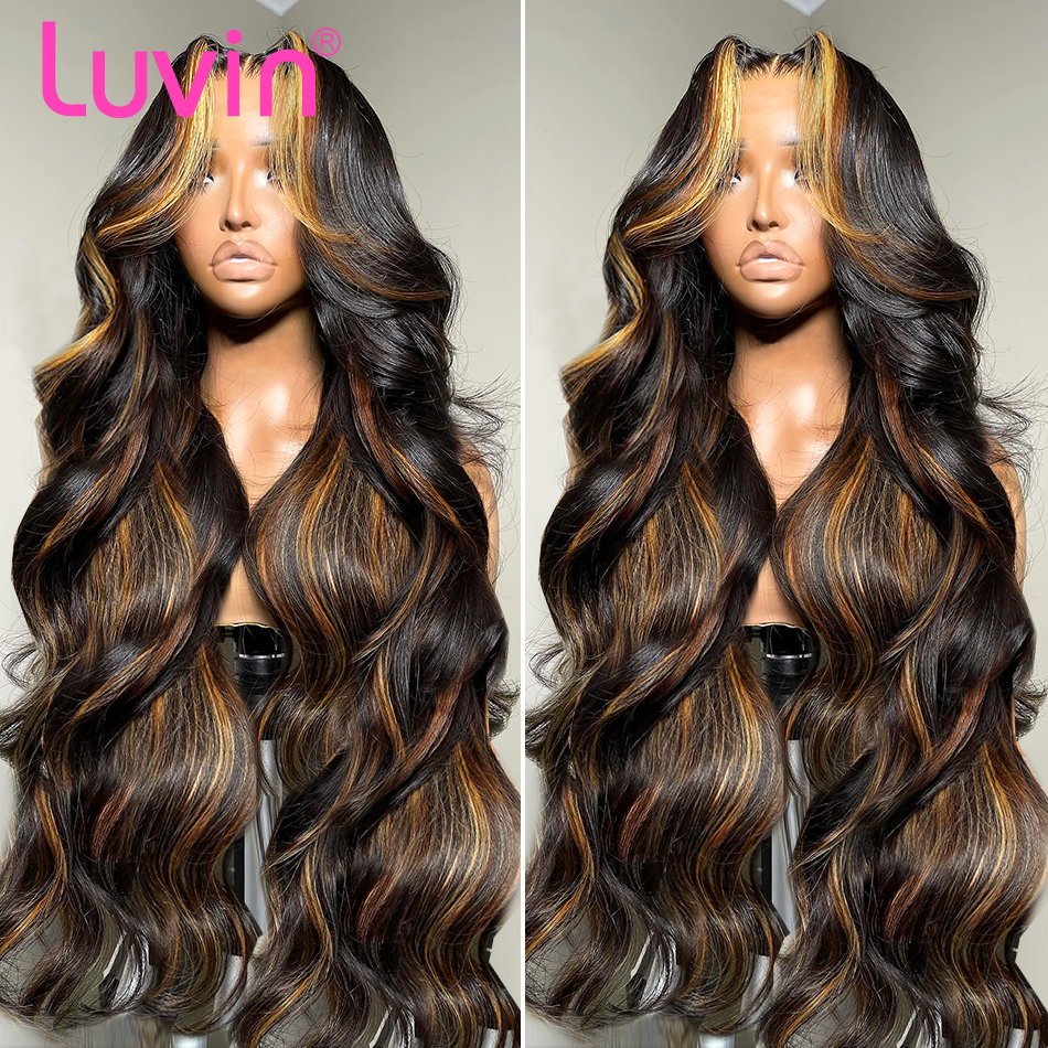 Luvin Ombre Highlight 13*4 Front Wig Human Hair 1B/30 Black Brown Body Wave Wigs Transparent Lace Brazilian For Women