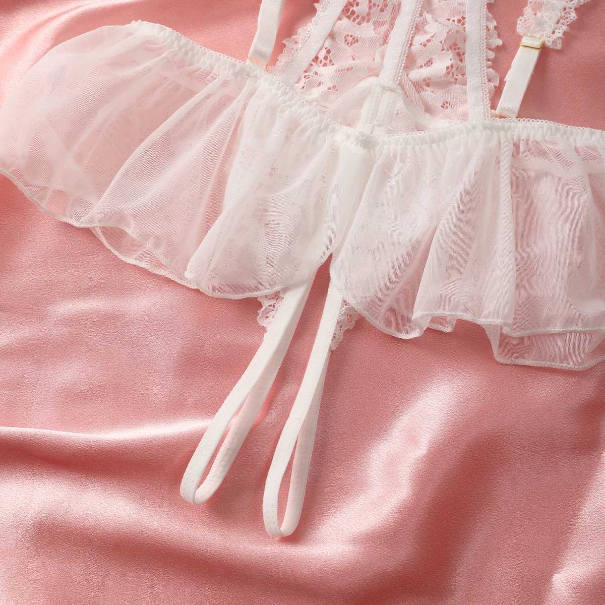 Sexy Crotchless Lingerie Women Lace Hollow Floral Bodysuit Exotic Pajamas Teddy Babydoll Dress Deep V Open Bra Underwear SetXJ241205