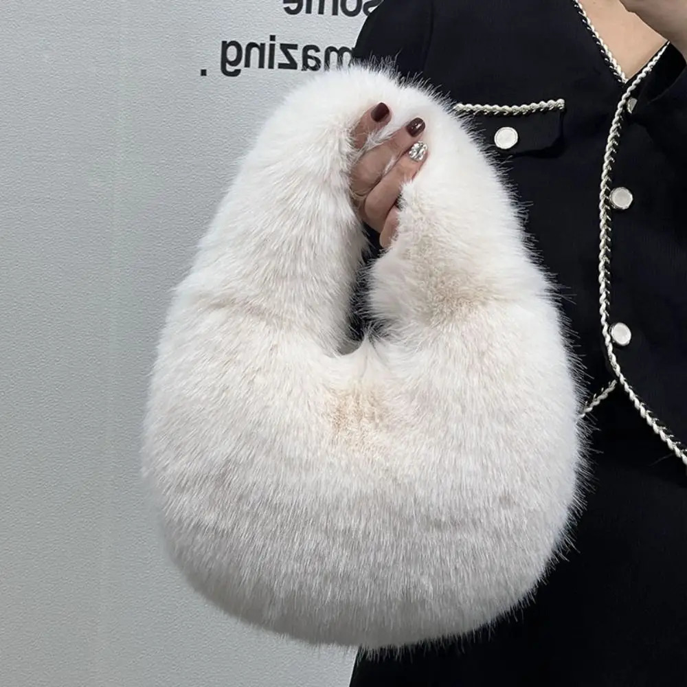 Luxury Soft Plush Half Moon Bag Faux Fur Fluffy Lady Handbags Female Winter Purse Party Clutch Casual Tote 241205