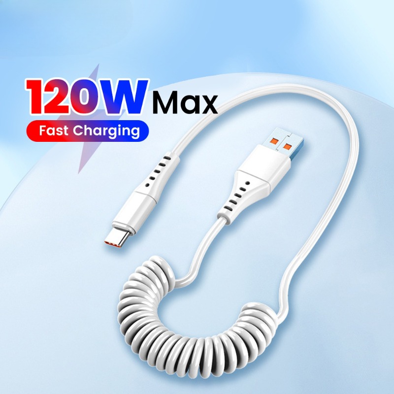 120W Car Spring Cable USB Type C Fast Charging Micro USB Cable For iPhone 16 15 Samsung Xiaomi Huawei Quick Charger 3.0