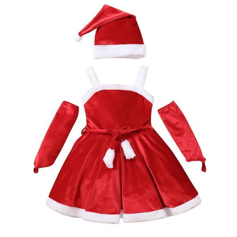 Toddler Newborn Babys Clothes Girls Christmas Santa Costume Sleeveless Belted Dress Gloves Hat Set Childrens Clothing WinterXJ241206