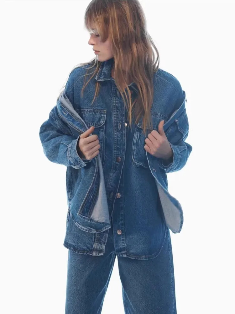 Blue loose denim shirt n with patch pockets set vintage washed casual lapel short jacket 241206