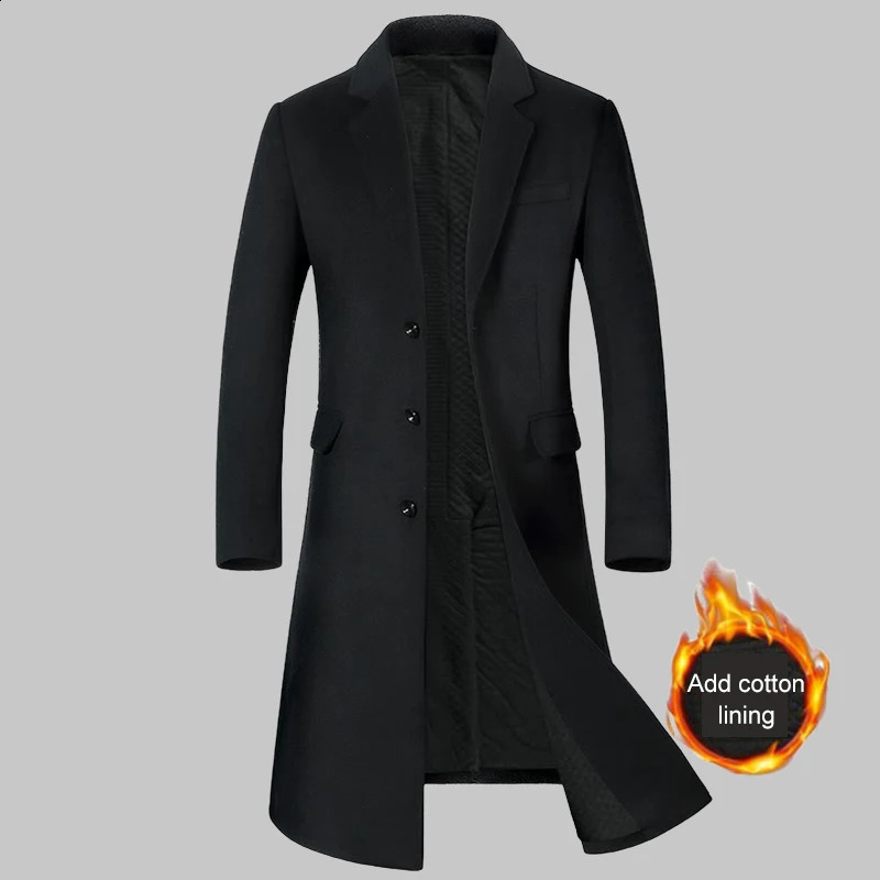 autumn and winter mens wool coat long knee set collar cotton thick wool coat 241204