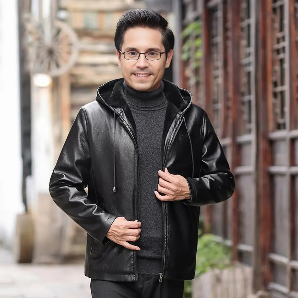 Hooded Faux Leather Jacket Men with Velvet Lining Stylish Mens for Winter 241202