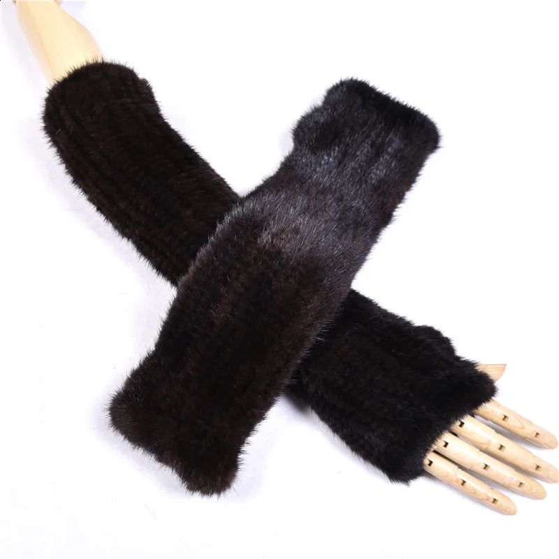 Womens genuine leather mink fur long Hepburn style gloves warm arms hand knitted high elasticity half finger sleeves autumn winter 241206
