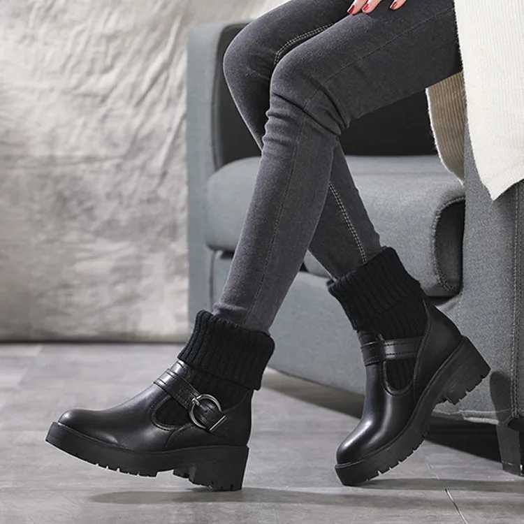 High Quality Winter Fi Knitted V et Ankle Boots Winter Korean Lace Platform Botas Warm Square Hips Botas De Mujer T241206