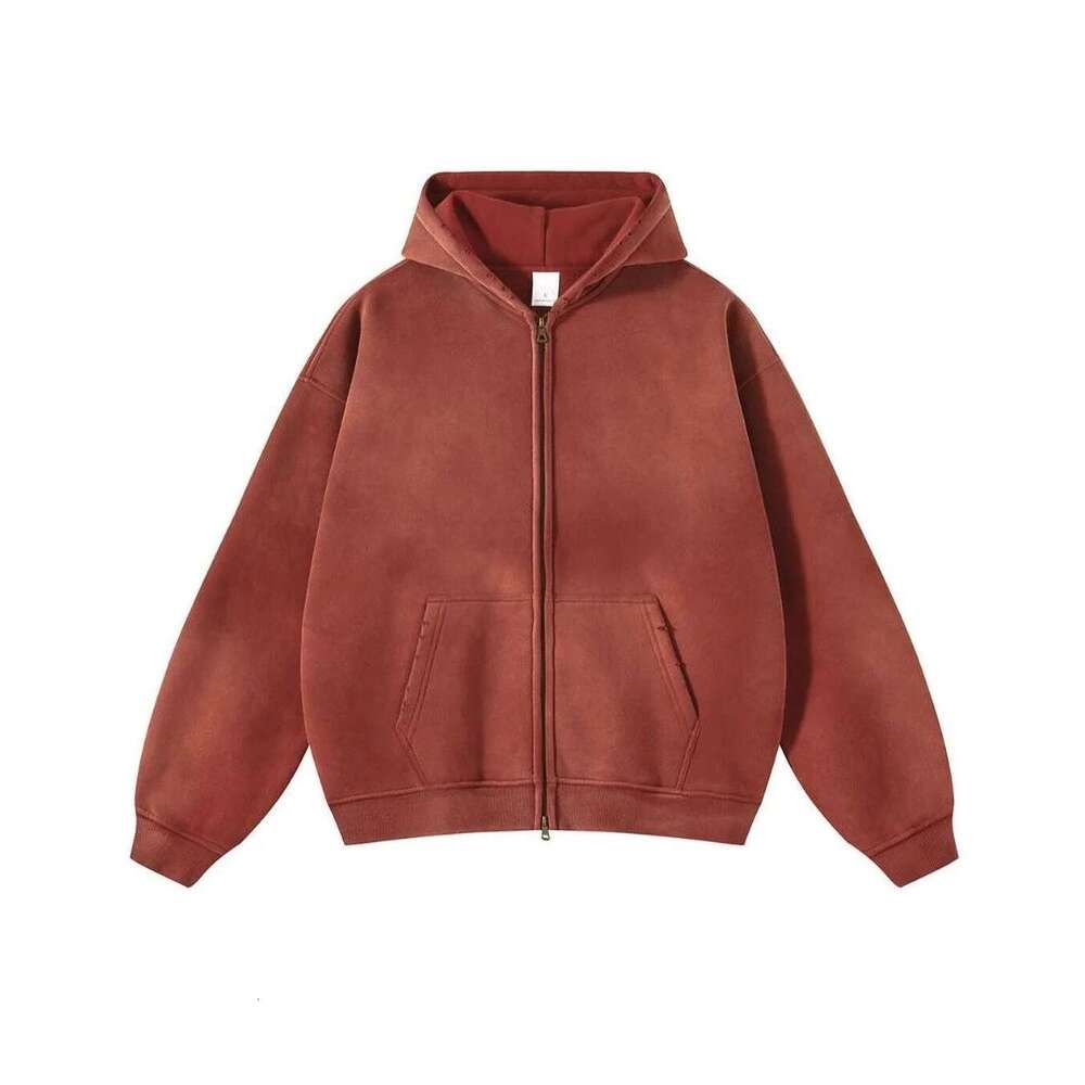 Men's gradient solid color hooded cardigan, women's casual sportswear, loose zipper casual couple's top, retro basic multi-color worn-o