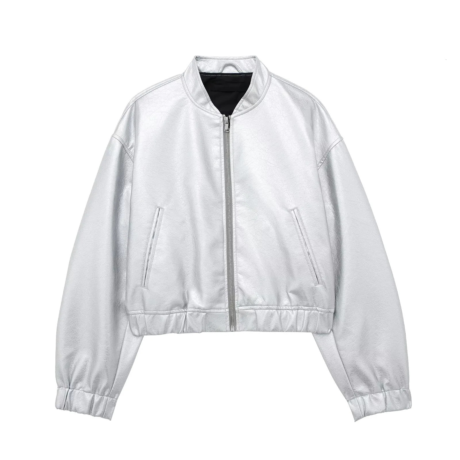 ZR European and American style womens faux leather metal bomber jacket denim 241206