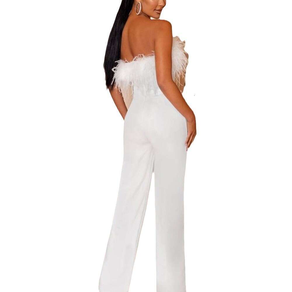 Spring/Summer European and American Women's Feather strapless Solid Color Pants One Shoulder Bareback Sexy jumpsuit 2024 Versatile New Trendy Clo