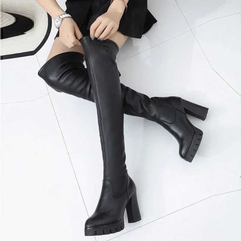 High Quality Mao Dou High Heel Platform Thick Boots Warm Womens Shoes Autumn Warm Leather Lg Boots on Knees T241206